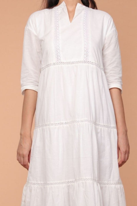 Luxury Cotton Tier Dress with Lace in White | Vinusto