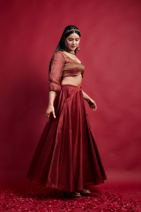 Buy Maroon & Gold Lehanga With Smocking Blouse In Chanderi Handloom (Set Of 2) - By Vinusto