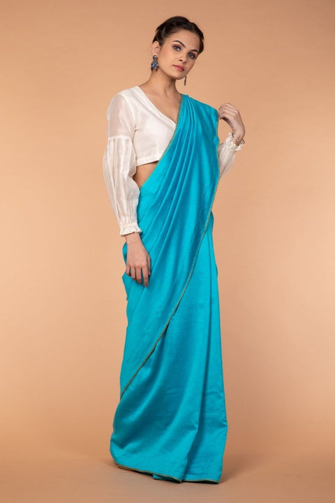 Order Handcrafted Chanderi Sari in Aqua with Balloon Sleeve Chanderi Blouse in Off-White | Vinusto