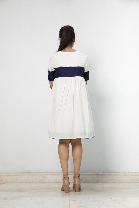 Handcraft Colour Blocked Dress in Off-White Handloom Cotton | Vinusto