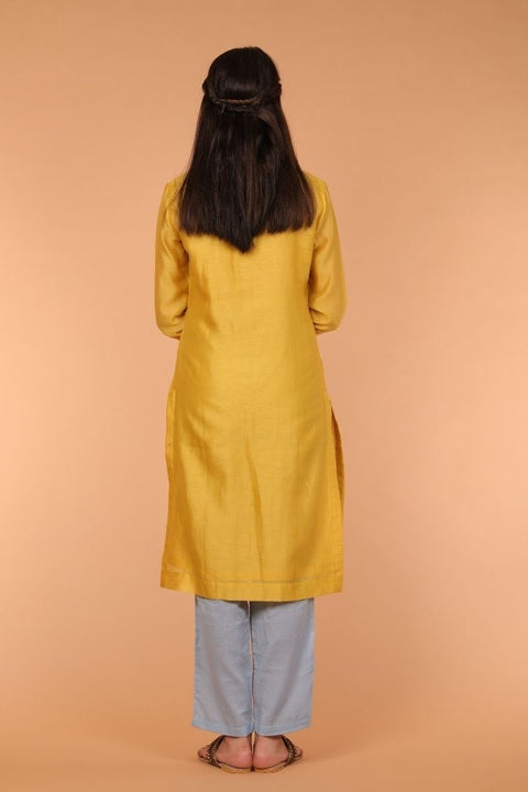 Straight Kurta with Yoke Details  in Yellow Chanderi Silk