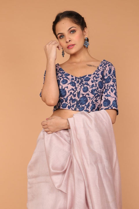 Buy Woven Chanderi Sari in Onion Pink with Hand Block Printed Cotton Blouse in Indigo | Vinusto