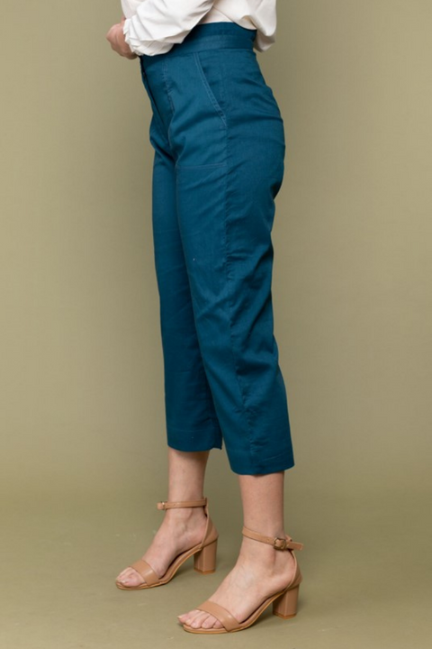 Luxury Cropped Cotton Pants in Teal Blue | Vinusto