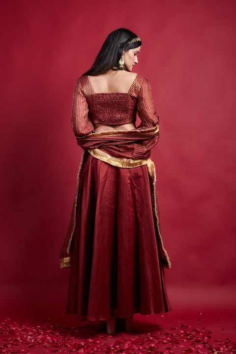 Designer Maroon & Gold Lehanga With Smocking Blouse In Chanderi Handloom (Set Of 2) - By Vinusto