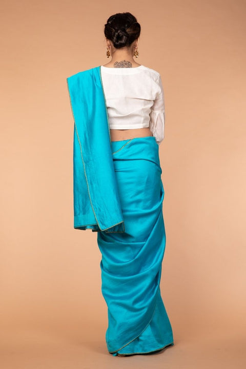 Premium Handcrafted Chanderi Sari in Aqua with Balloon Sleeve Chanderi Blouse in Off-White | Vinusto