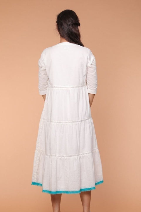 Premium Cotton Tier Dress with Lace in White | Vinusto