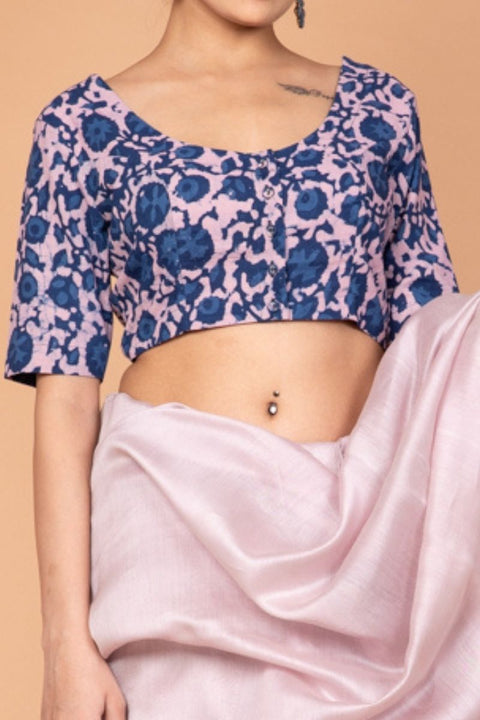 Luxury Cotton Hand Block Printed Blouse in Blush Pink & Indigo | Vinusto