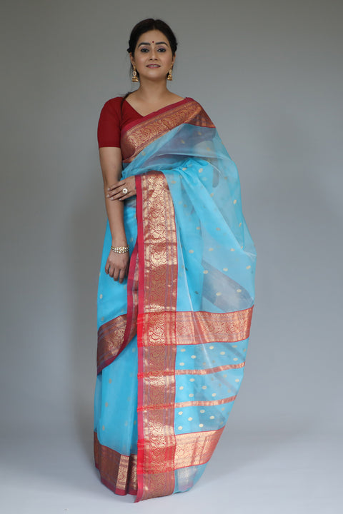 Shop Chanderi Silk Sari in Electric Blue & Red – Vinusto


