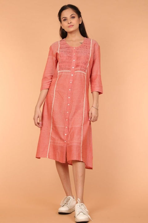 Pleated Shift Dress in Coral Handloom Cotton