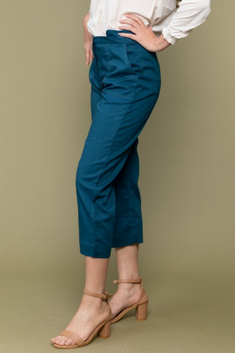 Cropped Cotton Pants in Teal Blue