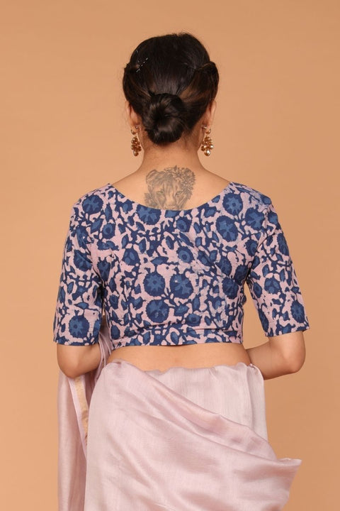Premium Cotton Hand Block Printed Blouse in Blush Pink & Indigo | Vinusto