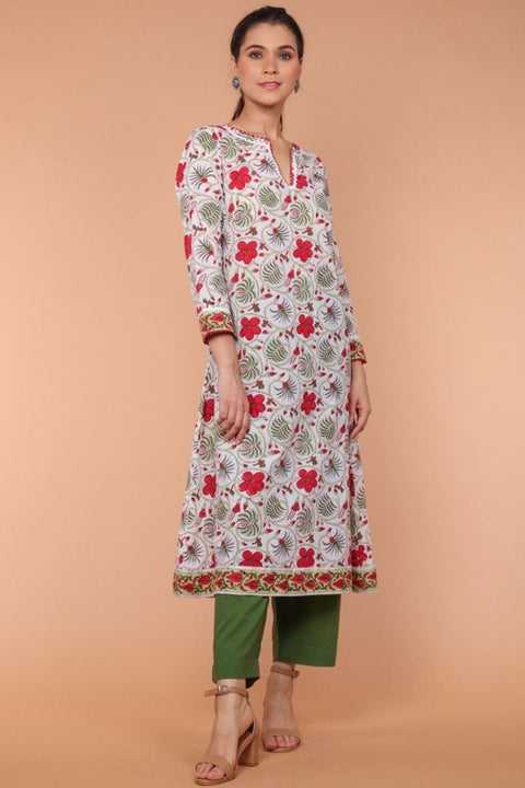 Shop A-Line Hand Block Printed Kurta & Loose Fit Palazzo in Fern Green – Set of 2 | Vinusto

