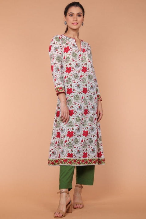 A-line, Hand Block Printed Kurta in with loose fit Palazzo in fern green (Set of 2)