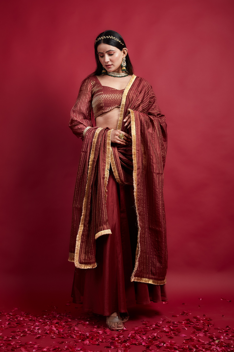 Order Maroon & Gold Chanderi Handloom Lehanga Set, Stripe Dupatta With Fringe Lace (Set Of 3) - By Vinusto