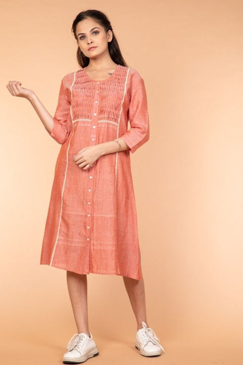 Pleated Shift Dress in Coral Handloom Cotton