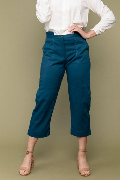 Shop Cropped Cotton Pants in Teal Blue | Vinusto