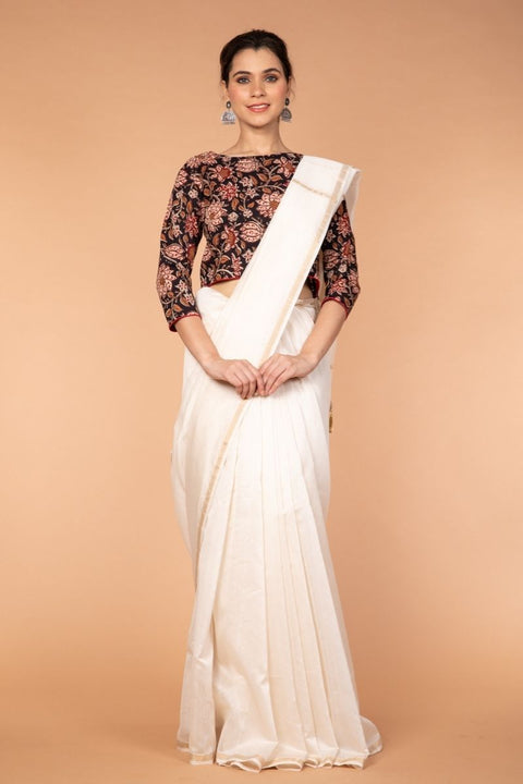 Buy Woven Chanderi Sari in Off-White with Crop-Style Hand Block Printed Cotton Blouse in Black | Vinusto
