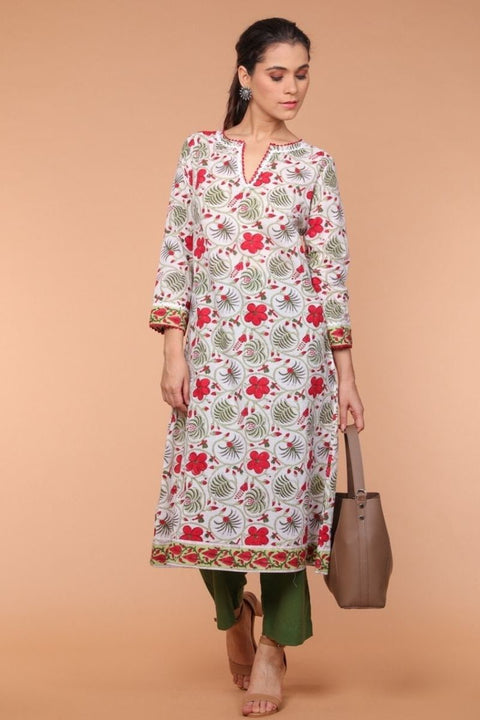 A-line, Hand Block Printed Kurta in with loose fit Palazzo in fern green (Set of 2)