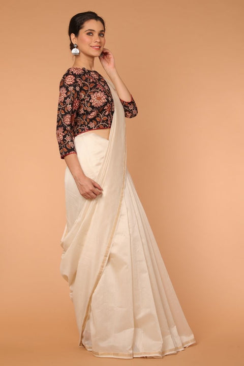 Luxury Woven Chanderi Sari in Off-White with Crop-Style Hand Block Printed Cotton Blouse in Black | Vinusto