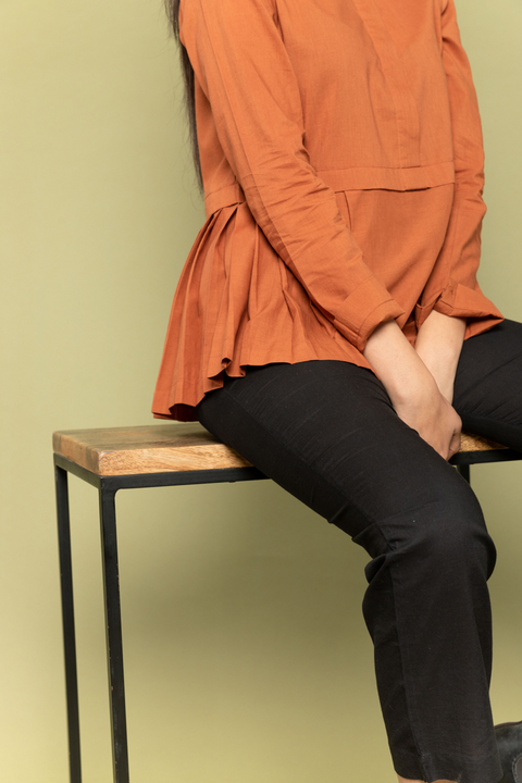 Luxury Terracotta Brown Half Pleated Cotton Top | Vinusto