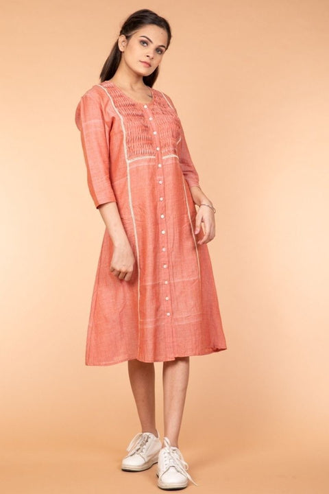 Pleated Shift Dress in Coral Handloom Cotton