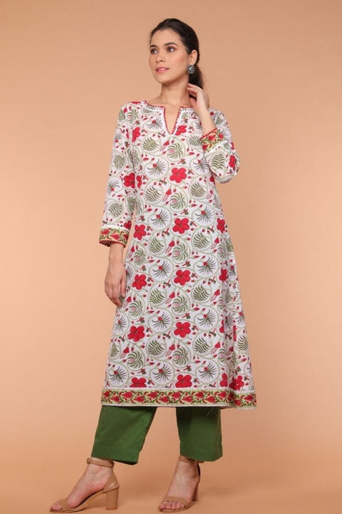 Order A-Line Hand Block Printed Kurta & Loose Fit Palazzo in Fern Green – Set of 2 | Vinusto

