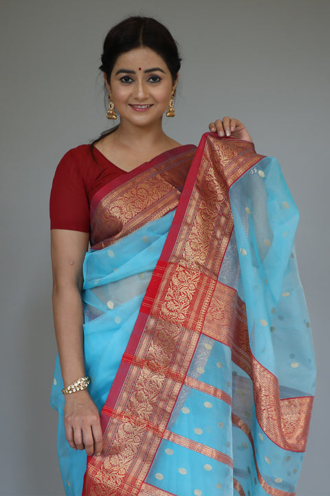 Order Chanderi Silk Sari in Electric Blue & Red – Vinusto


