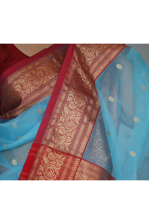 Luxury Chanderi Silk Sari in Electric Blue & Red – Vinusto

