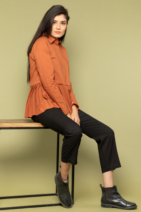 Buy Terracotta Brown Half Pleated Cotton Top | Vinusto
