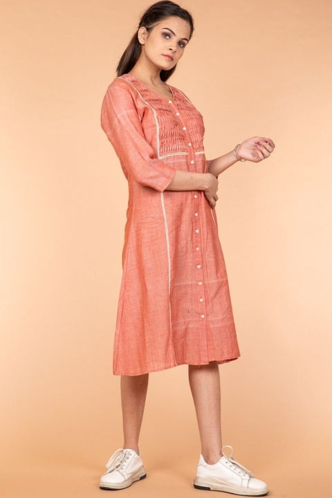 Premium Pleated Shirt Dress in Pastel Orange Handloom Cotton | Vinusto