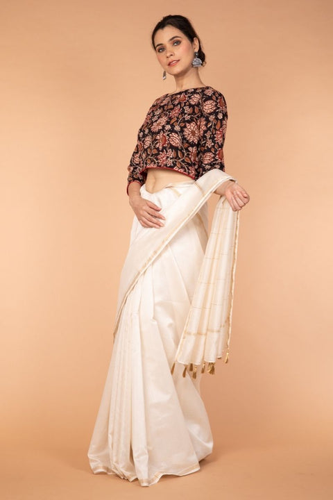 Coordinates- Chanderi Sari in Ivory with Crop Style Hand Block Printed Cotton Blouse in Black