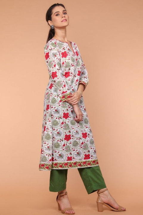 Luxury A-Line Hand Block Printed Kurta & Loose Fit Palazzo in Fern Green – Set of 2 | Vinusto

