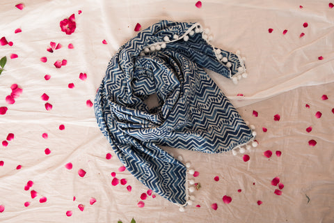 Block printed scarf with tassels
