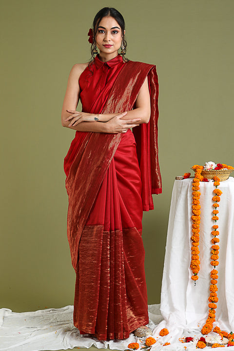 Color Blocked Chanderi Handloom Saree in Red & Gold Stripes with Lace Inserts