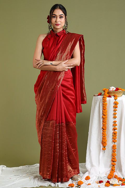 Buy Chanderi Handloom Saree & Blouse in Red-Gold Stripes | Vinusto
