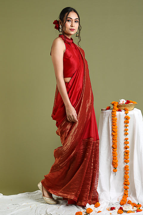 Shop Chanderi Handloom Saree & Blouse in Red-Gold Stripes | Vinusto