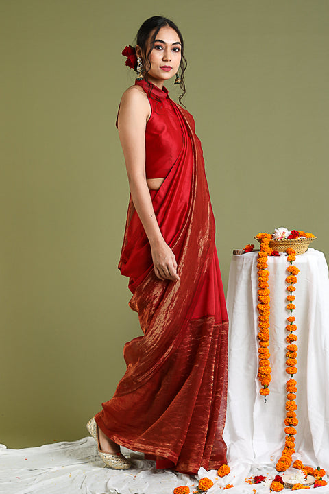 Color Blocked Chanderi Handloom Saree in Red & Gold Stripes with Lace Inserts