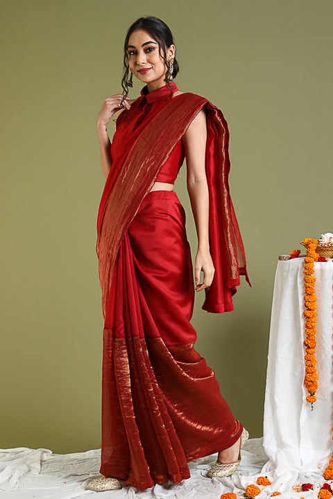 Order Chanderi Handloom Saree & Blouse in Red-Gold Stripes | Vinusto