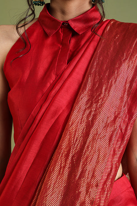 Premium Chanderi Handloom Saree & Blouse in Red-Gold Stripes | Vinusto