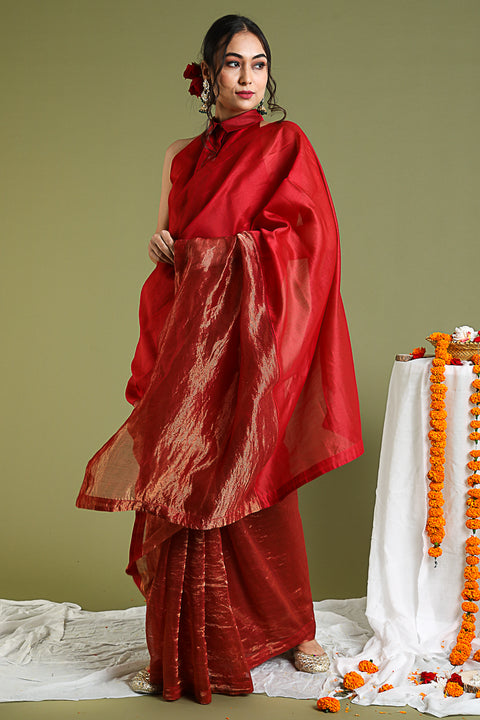 Luxury Chanderi Handloom Saree & Blouse in Red-Gold Stripes | Vinusto