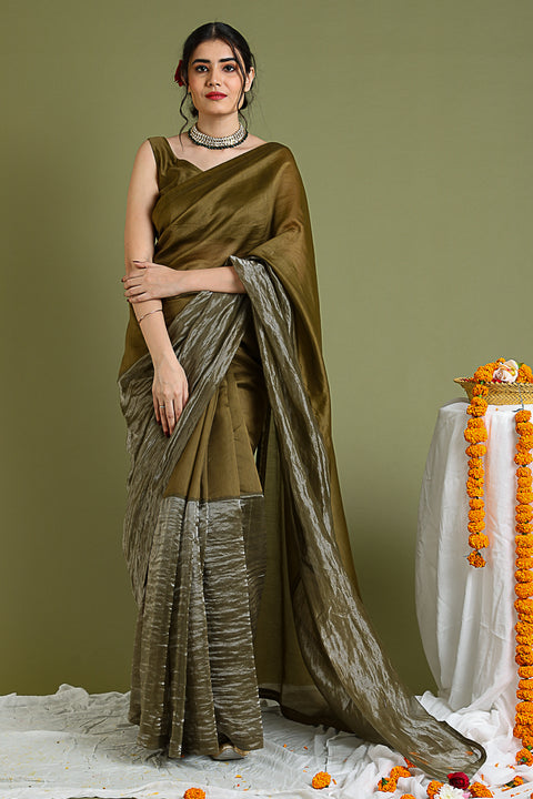 Color Blocked Chanderi Hand loom Saree in Tobacco Brown & Silver Stripes with Lace Inserts