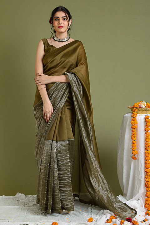 Coordinate Set- Chanderi Hand loom Color Blocked Saree & Blouse in Tobacco Brown & Silver Stripes (Set of 2)