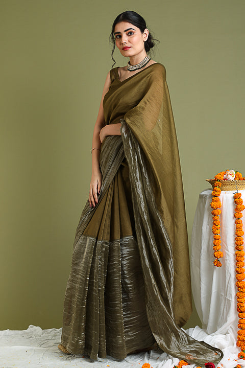 Color Blocked Chanderi Hand loom Saree in Tobacco Brown & Silver Stripes with Lace Inserts