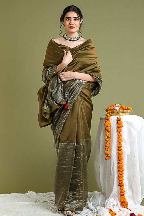 Color Blocked Chanderi Hand loom Saree in Tobacco Brown & Silver Stripes with Lace Inserts