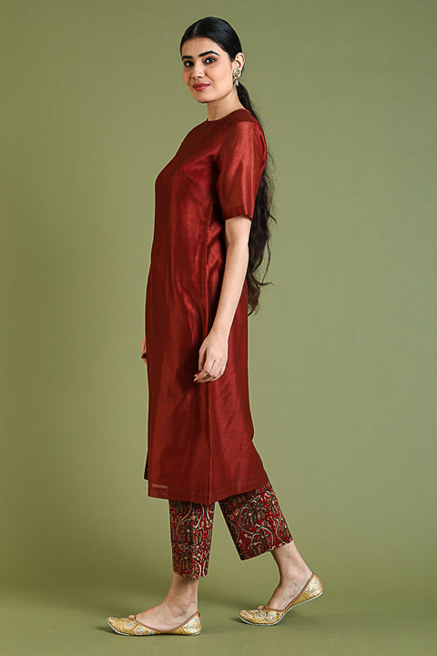 Luxury Chanderi High Slit Kurta with Cotton Block Print Pants in Rust - Set of 2 | Vinusto

