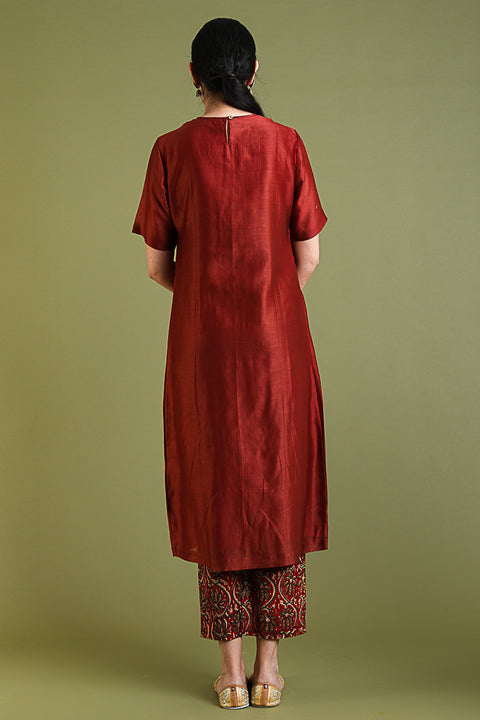 Premium Chanderi High Slit Kurta with Cotton Block Print Pants in Rust - Set of 2 | Vinusto

