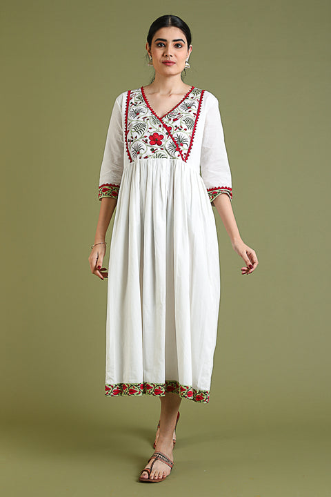 Shop Maxi Dress with Printed Yoke in White Cotton | Vinusto