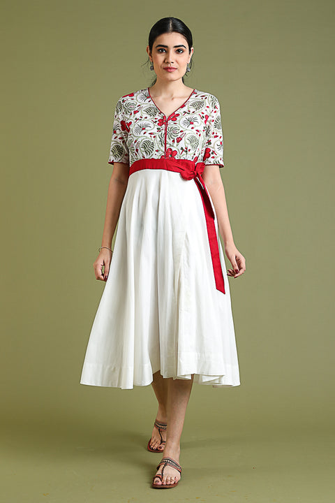 Buy Flare Dress with Hand Block Printed Top in White Cotton | Vinusto