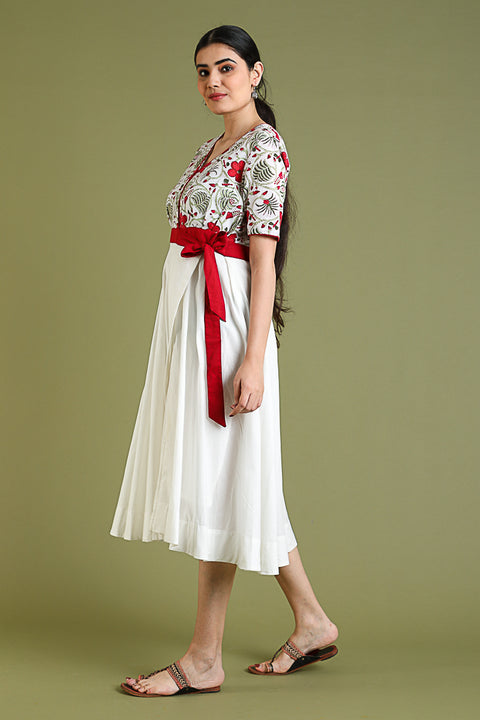 Order Flare Dress with Hand Block Printed Top in White Cotton | Vinusto