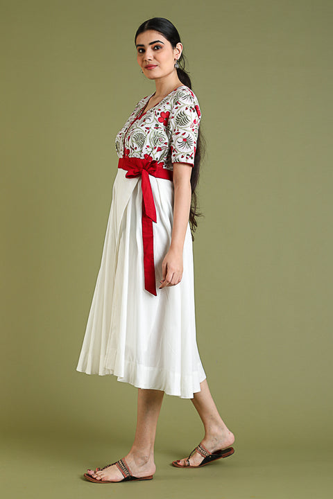 Flare Dress with Handblock Printed Top in White Cotton